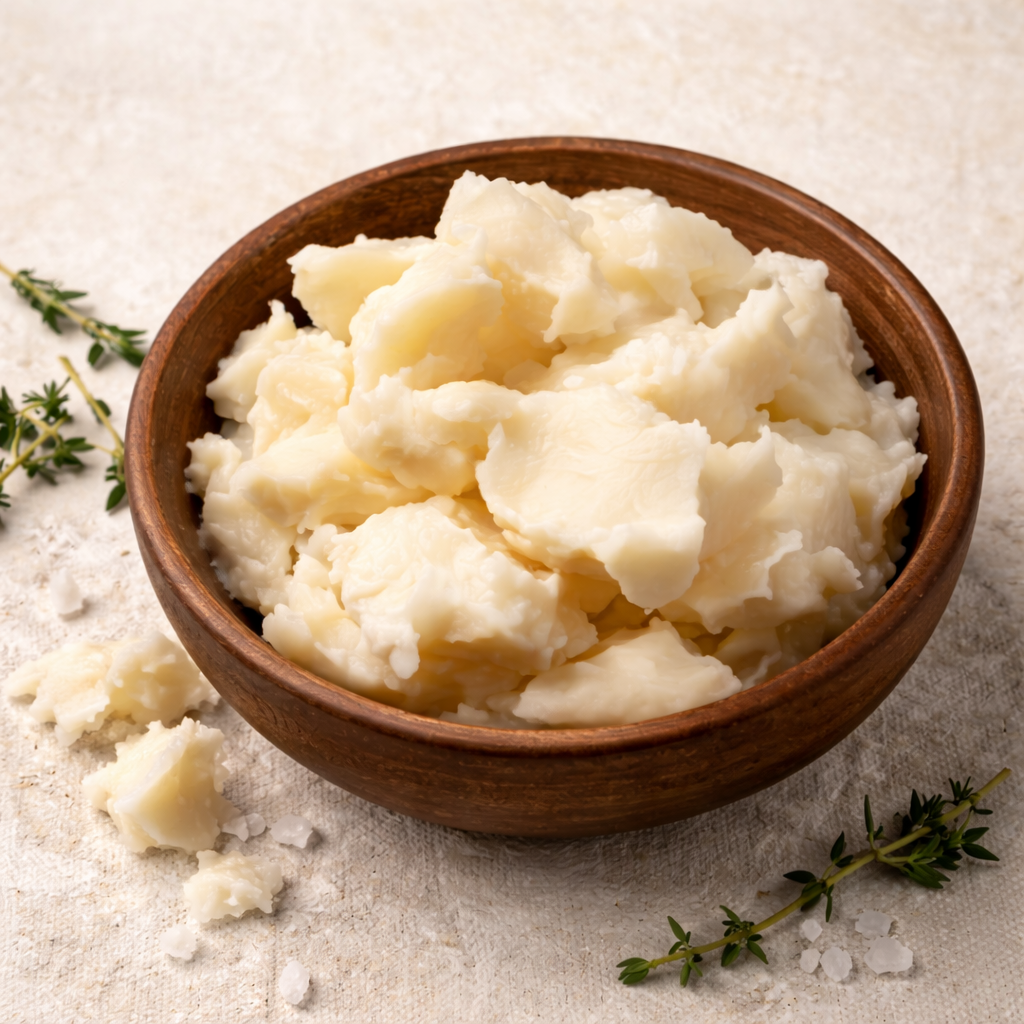 Wooden bowl filled with mashed potatoes on a textured surface with thyme sprigs.