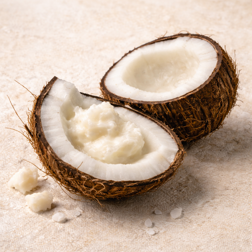 Two halves of a coconut on a textured beige surface