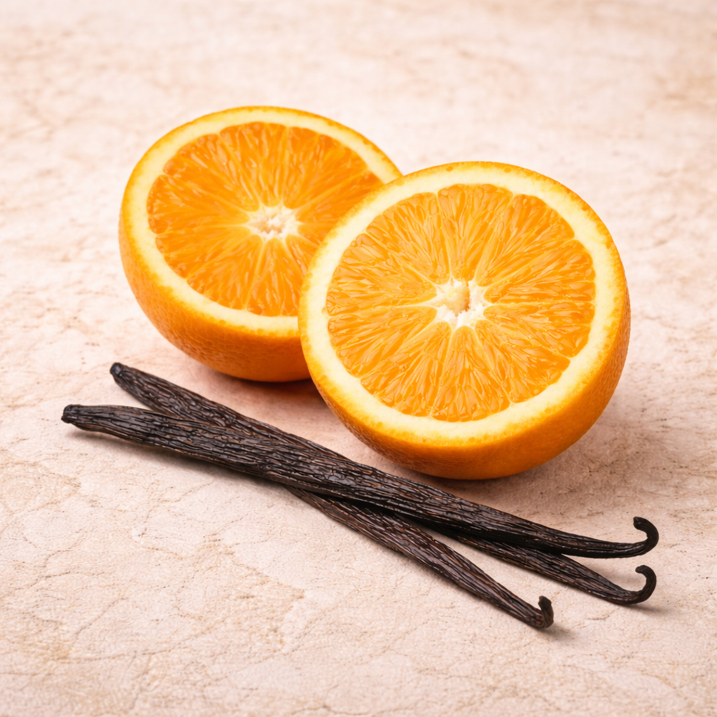 Two halves of an orange and three vanilla beans on a beige surface