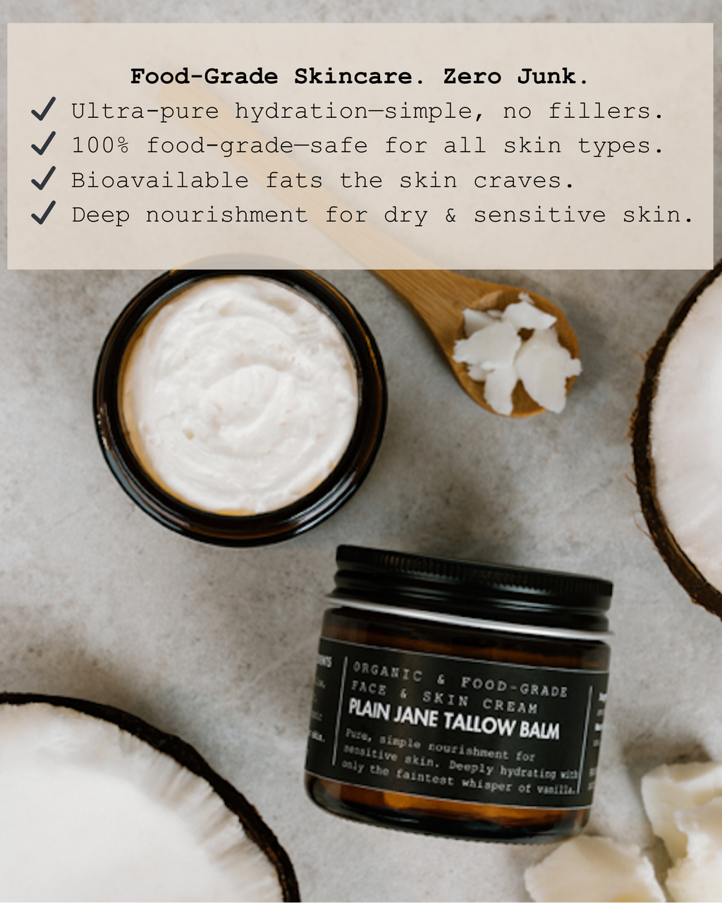 Cosmetic jars with coconut pieces on a neutral background, featuring text about food-grade skincare.